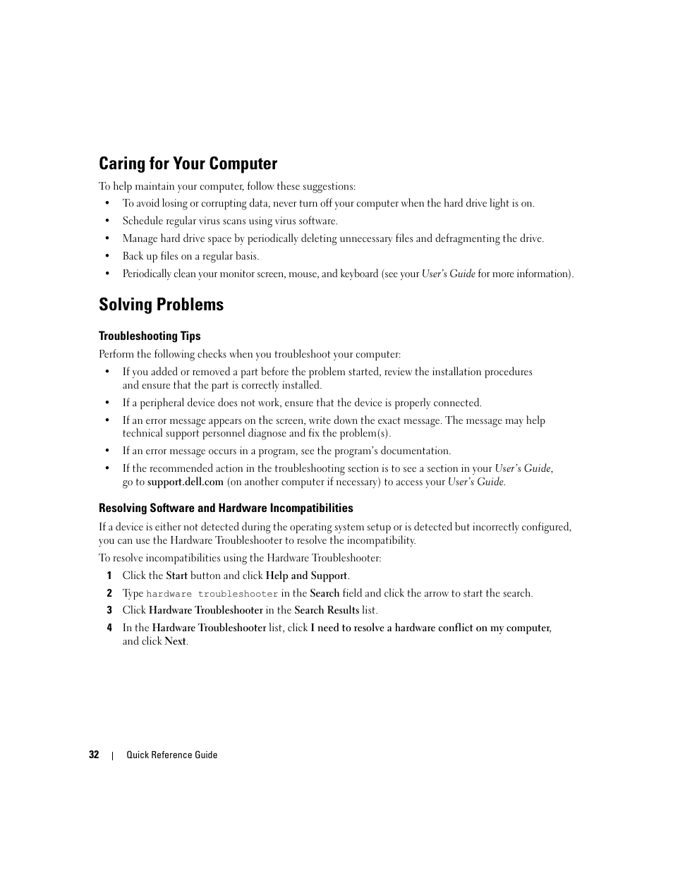 Caring for your computer, Solving problems, Troubleshooting tips | Resolving software and hardware incompatibilities | Dell Precision 490 User Manual | Page 32 / 190