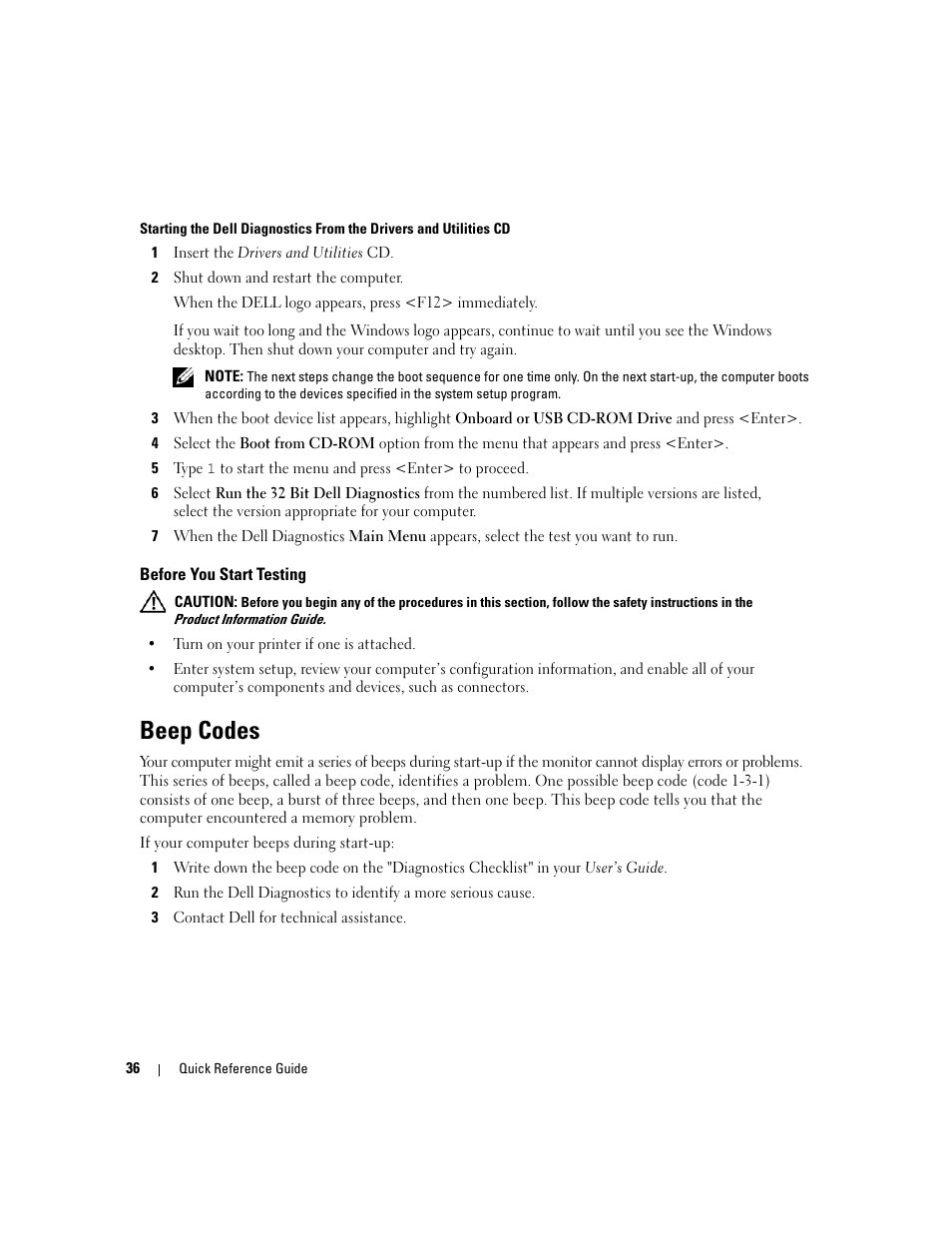 Before you start testing, Beep codes | Dell Precision 490 User Manual | Page 36 / 190