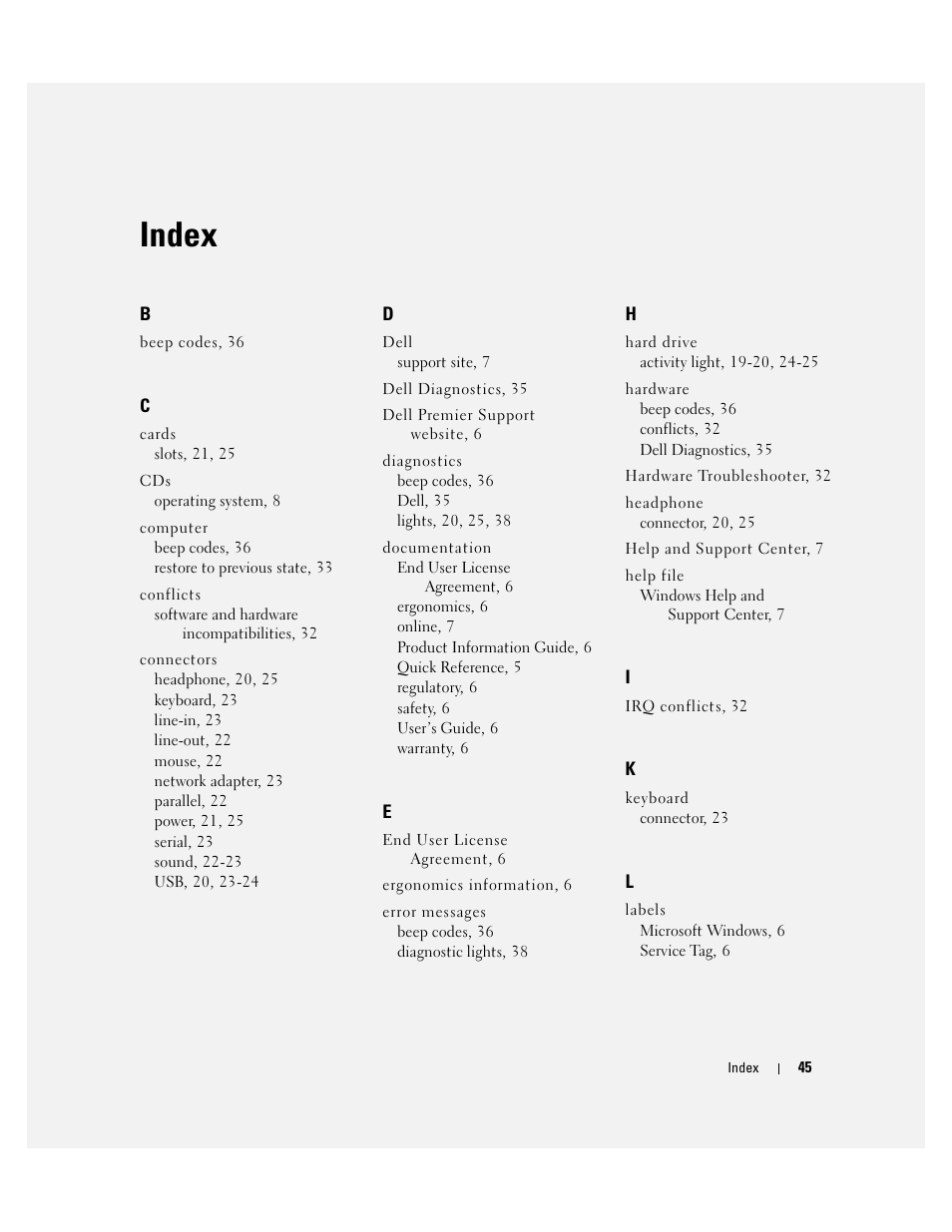 Index | Dell Precision 490 User Manual | Page 45 / 190