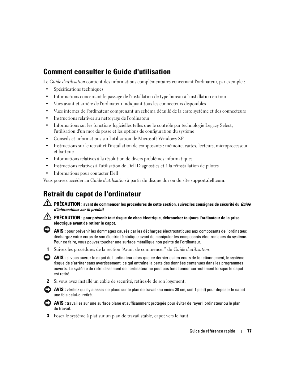 Comment consulter le guide d'utilisation, Retrait du capot de l'ordinateur | Dell Precision 490 User Manual | Page 77 / 190