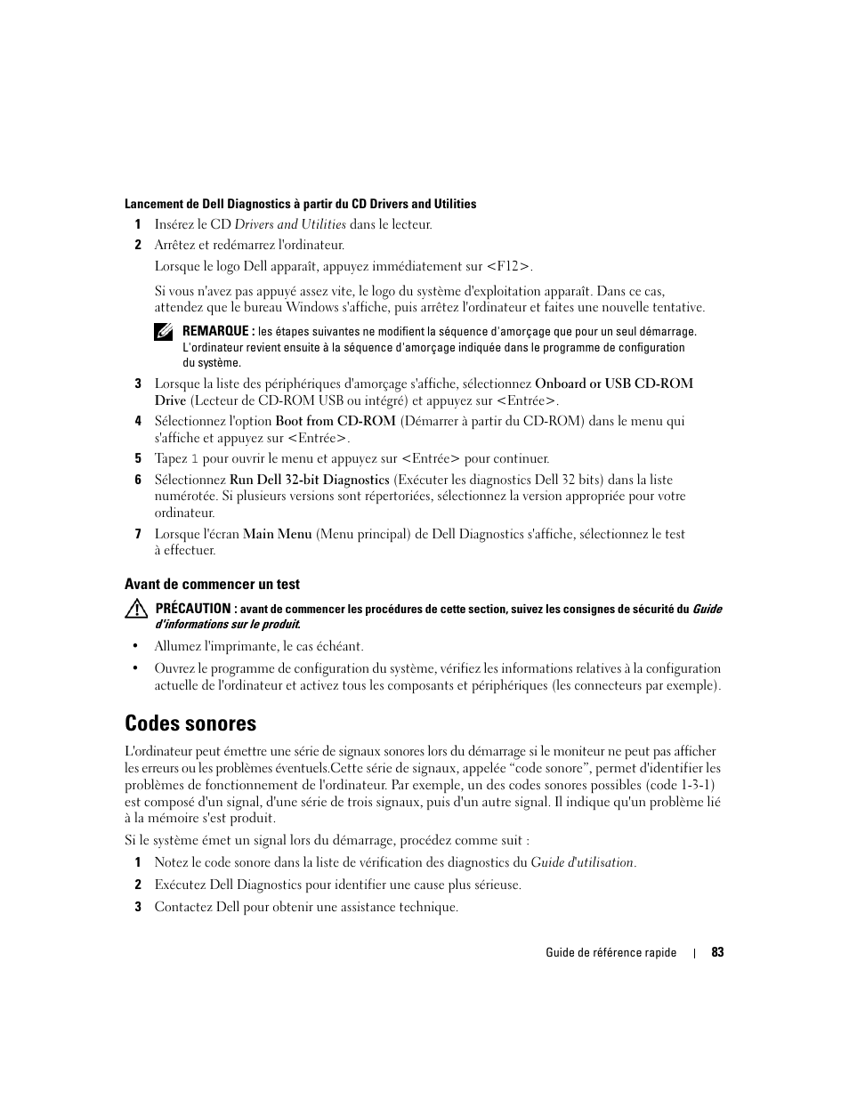 Avant de commencer un test, Codes sonores | Dell Precision 490 User Manual | Page 83 / 190