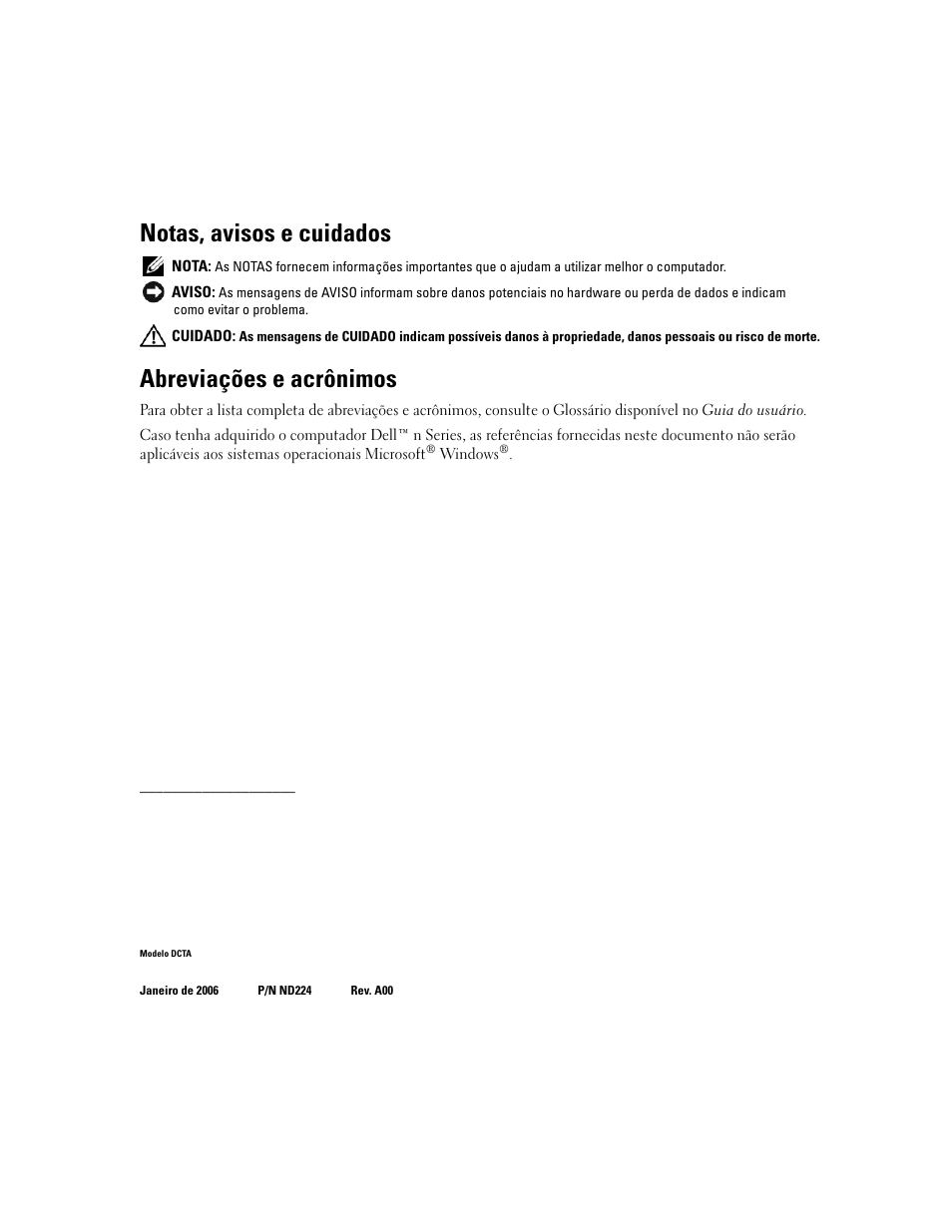 Notas, avisos e cuidados, Abreviações e acrônimos | Dell Precision 490 User Manual | Page 96 / 190
