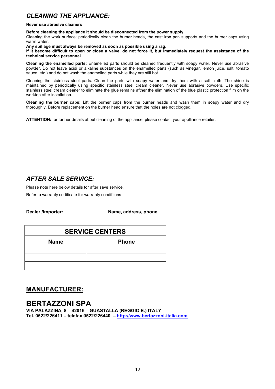 Bertazzoni spa, Manufacturer, Service centers | Bertazzoni Z36500X User Manual | Page 12 / 16