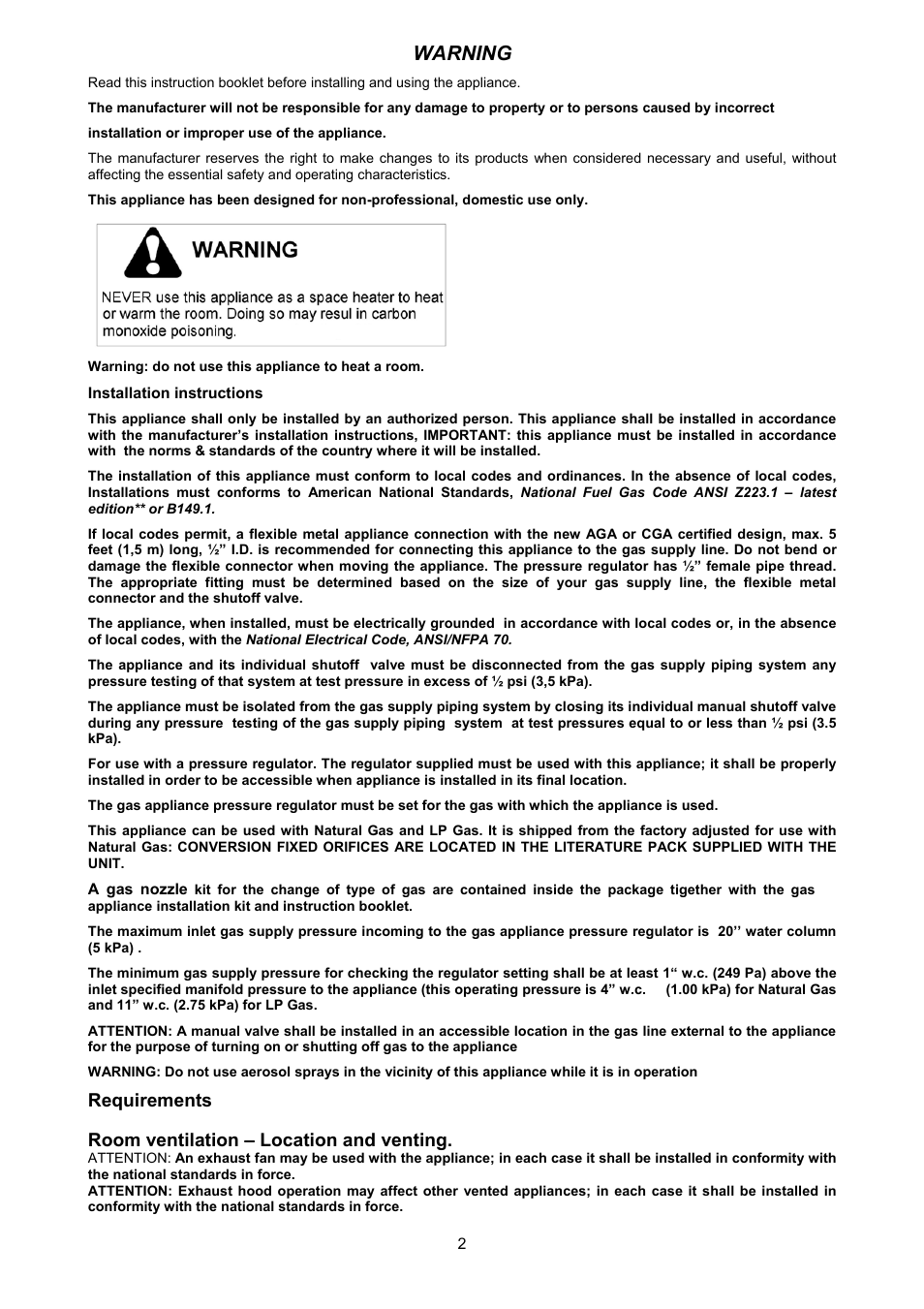 Warning, Requirements, Room ventilation – location and venting | Bertazzoni Z36500X User Manual | Page 2 / 16