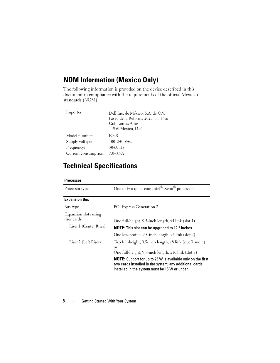 Nom information (mexico only), Technical specifications | Dell PowerVault DL2100 User Manual | Page 10 / 56