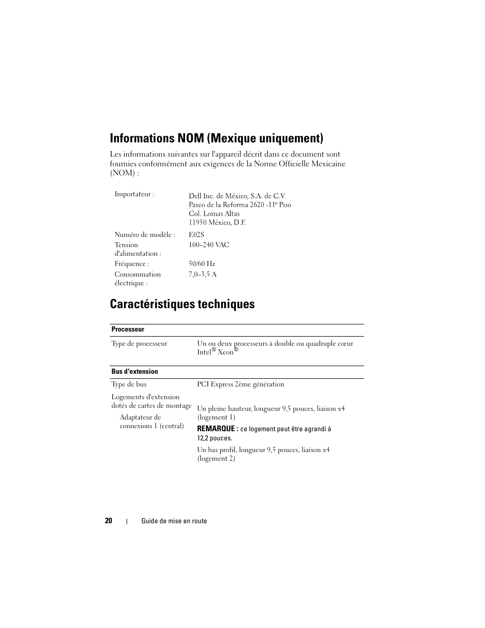 Informations nom (mexique uniquement), Caractéristiques techniques | Dell PowerVault DL2100 User Manual | Page 22 / 56