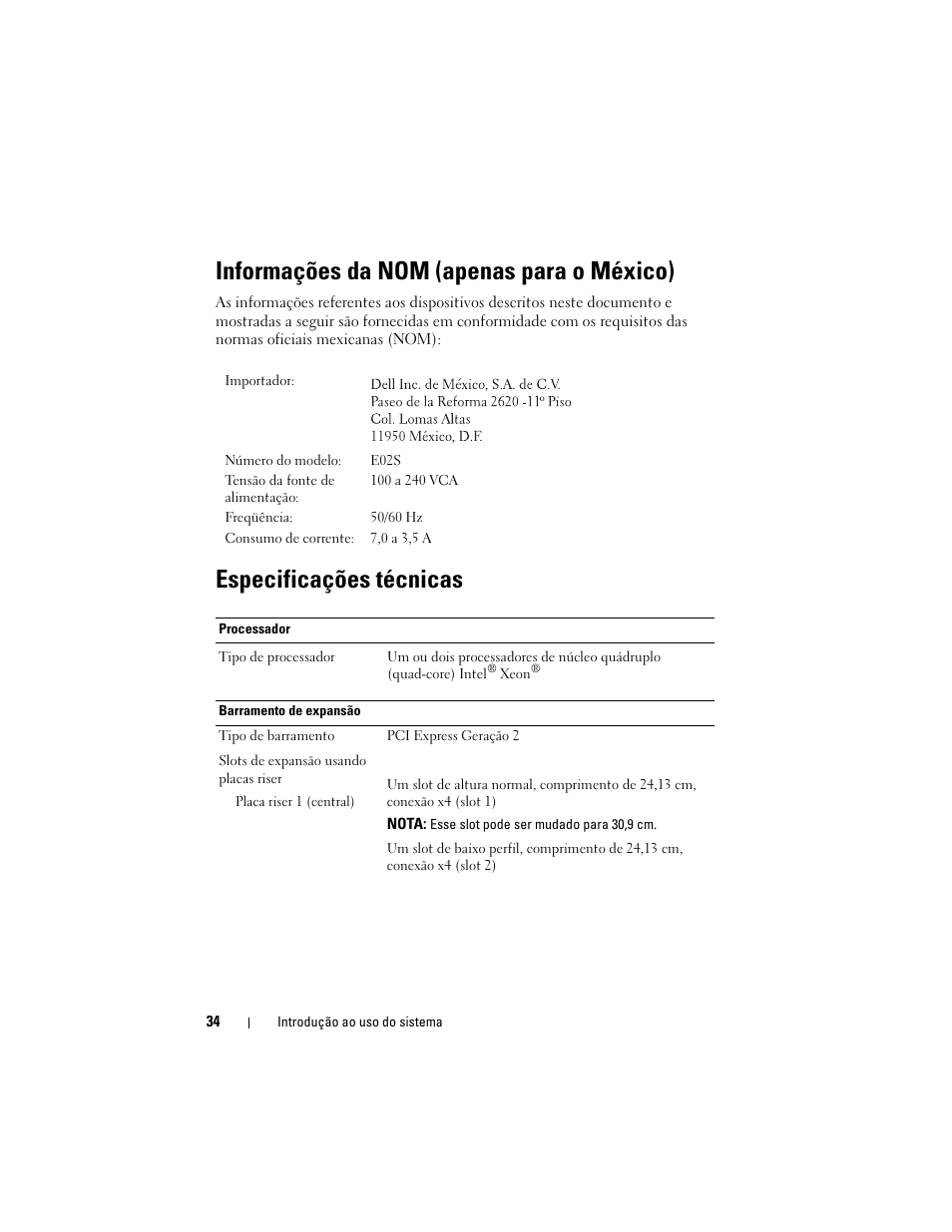 Informações da nom (apenas para o méxico), Especificações técnicas | Dell PowerVault DL2100 User Manual | Page 36 / 56