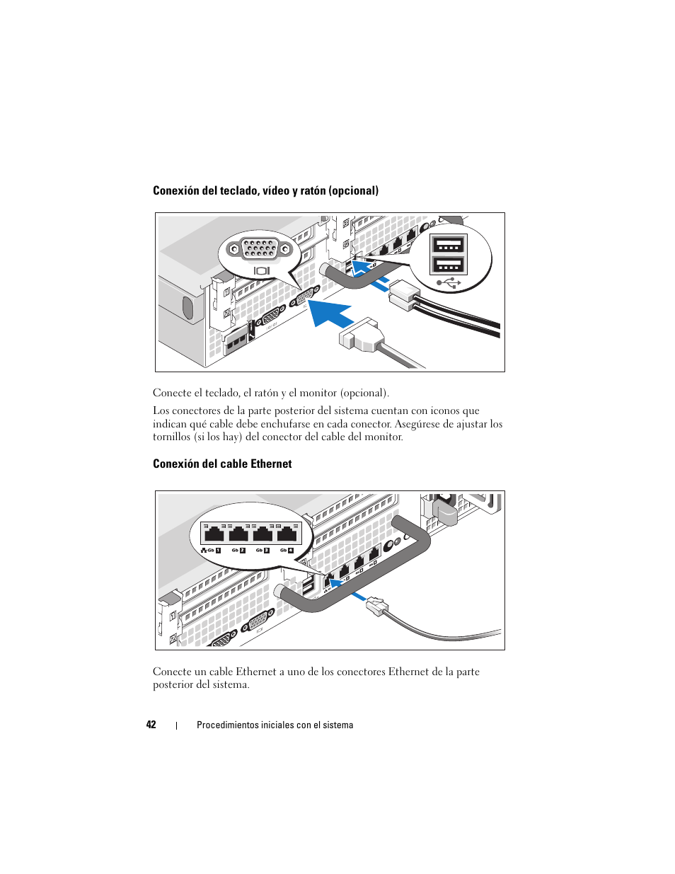 Conexión del teclado, vídeo y ratón (opcional), Conexión del cable ethernet | Dell PowerVault DL2100 User Manual | Page 44 / 56
