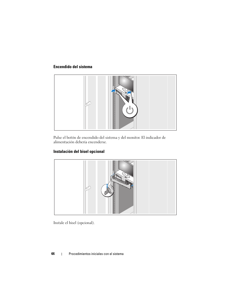 Encendido del sistema, Instalación del bisel opcional | Dell PowerVault DL2100 User Manual | Page 46 / 56