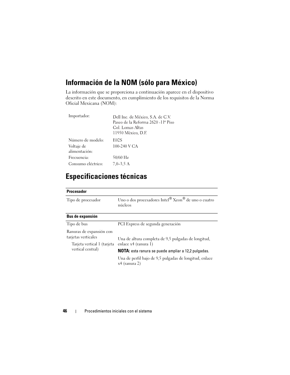 Información de la nom (sólo para méxico), Especificaciones técnicas | Dell PowerVault DL2100 User Manual | Page 48 / 56