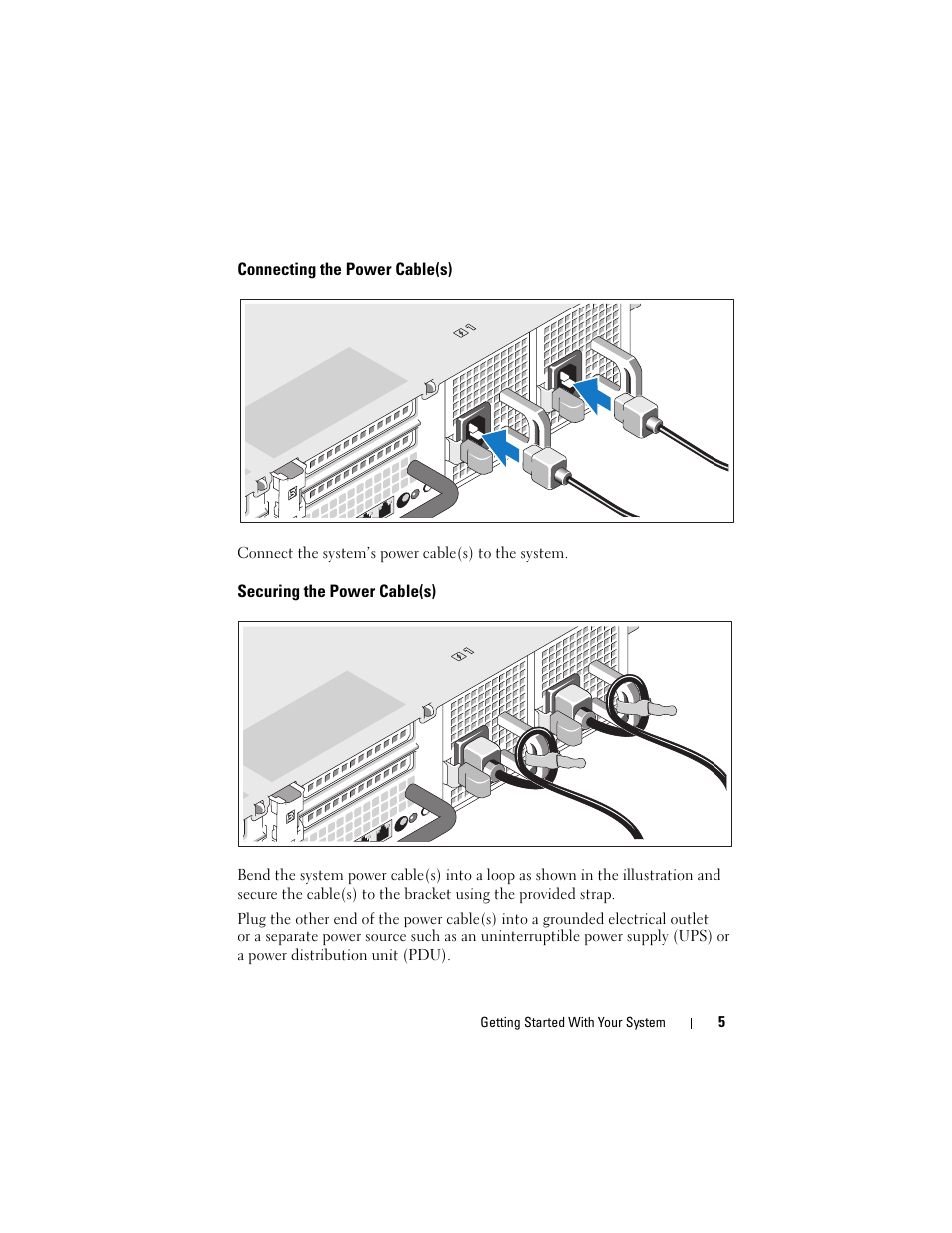 Connecting the power cable(s), Securing the power cable(s) | Dell PowerVault DL2100 User Manual | Page 7 / 56