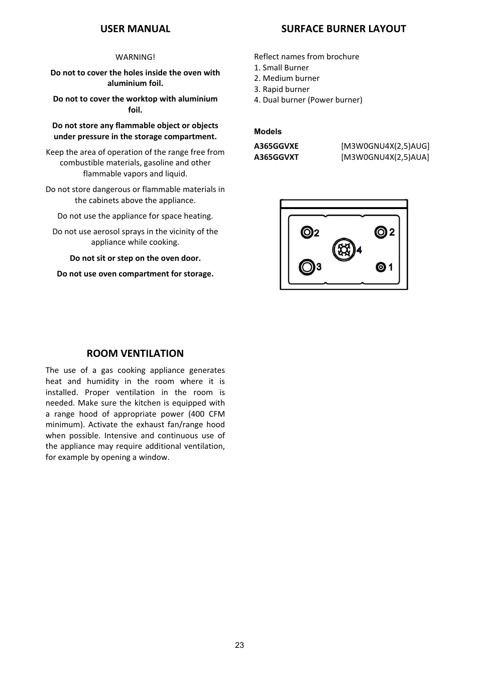 User manual, Room ventilation, Surface burner layout | Bertazzoni A365GGVXT User Manual | Page 23 / 32