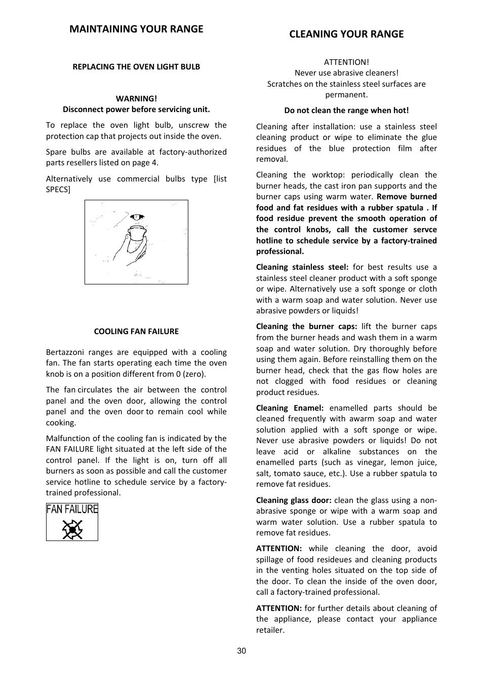 Maintaining your range, Cleaning your range | Bertazzoni A365GGVXT User Manual | Page 30 / 32