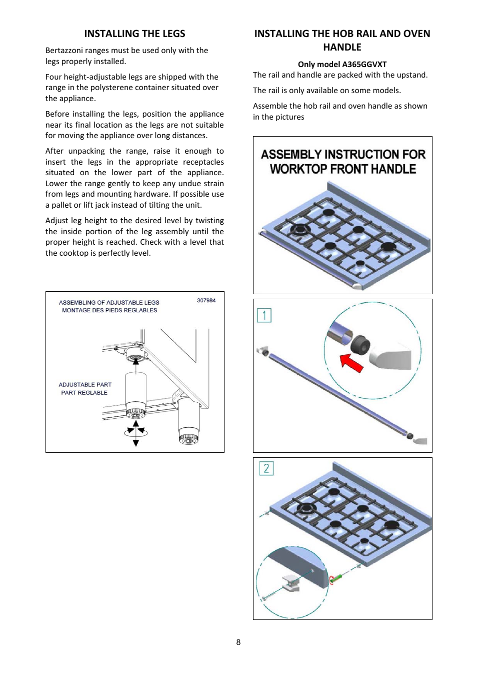 Installing the legs, Installing the hob rail and oven handle | Bertazzoni A365GGVXT User Manual | Page 8 / 32