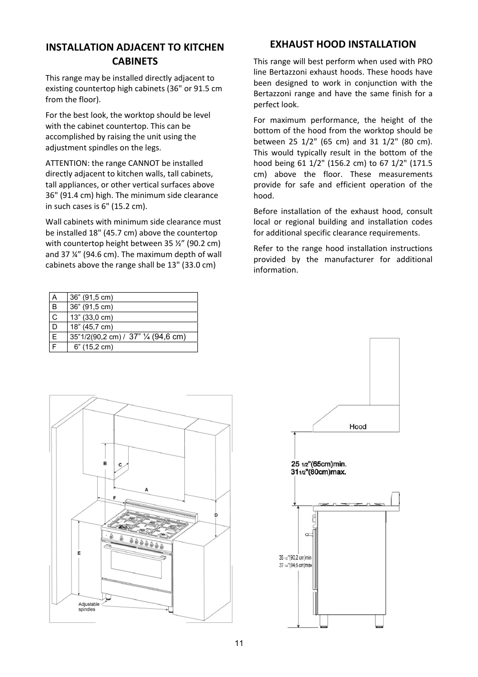 Installation adjacent to kitchen cabinets, Exhaust hood installation | Bertazzoni X365GGVGI User Manual | Page 11 / 39