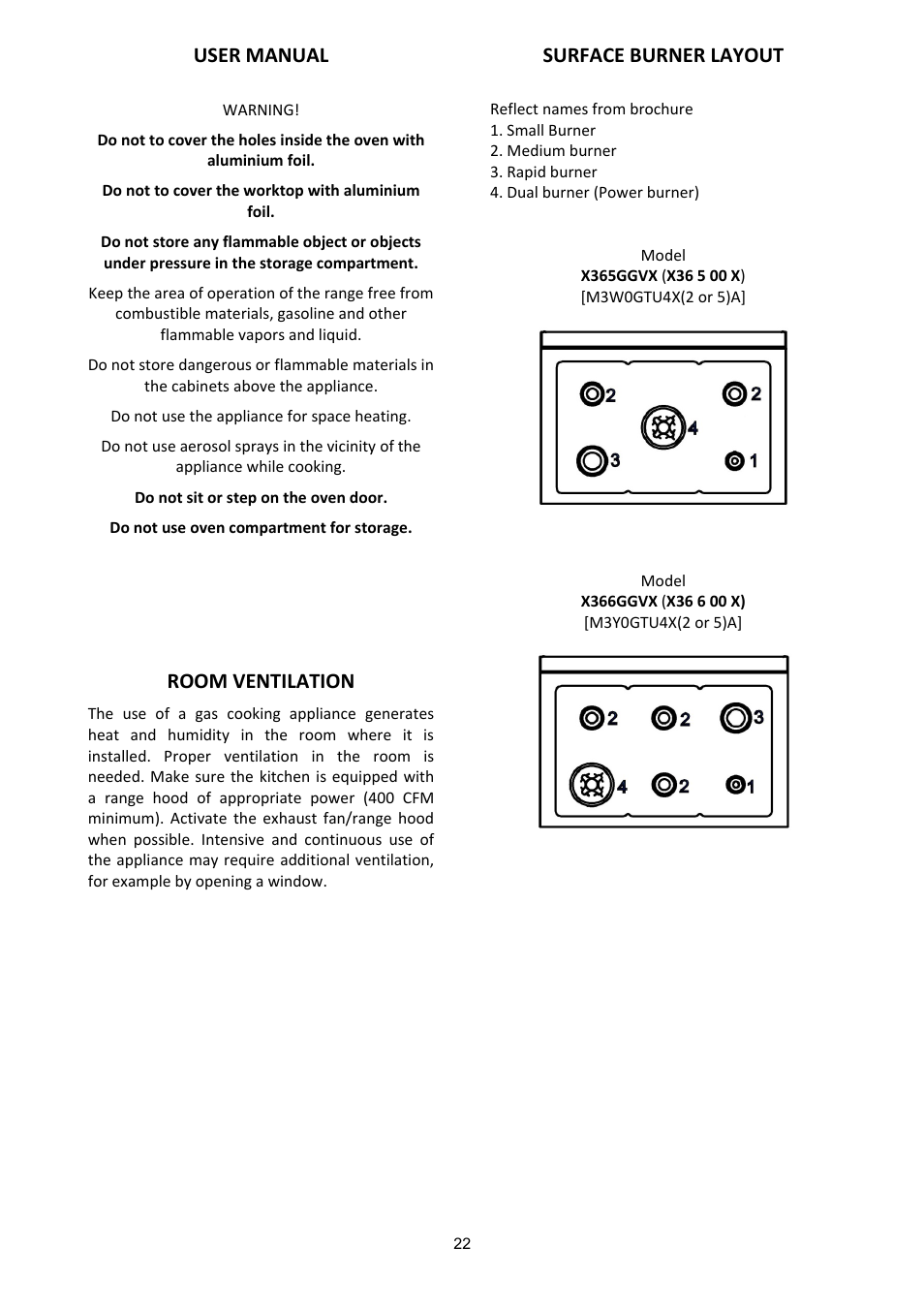 User manual, Room ventilation, Surface burner layout | Bertazzoni X365GGVGI User Manual | Page 22 / 39