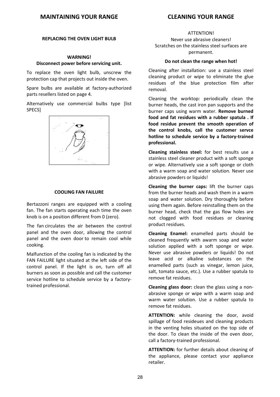 Maintaining your range, Cleaning your range | Bertazzoni X365GGVGI User Manual | Page 28 / 39