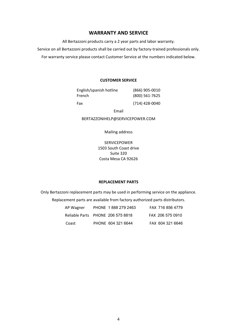 Warranty and service | Bertazzoni X365GGVGI User Manual | Page 4 / 39