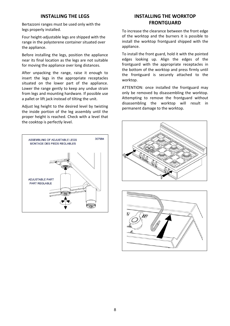 Installing the legs, Installing the worktop frontguard | Bertazzoni X365GGVGI User Manual | Page 8 / 39