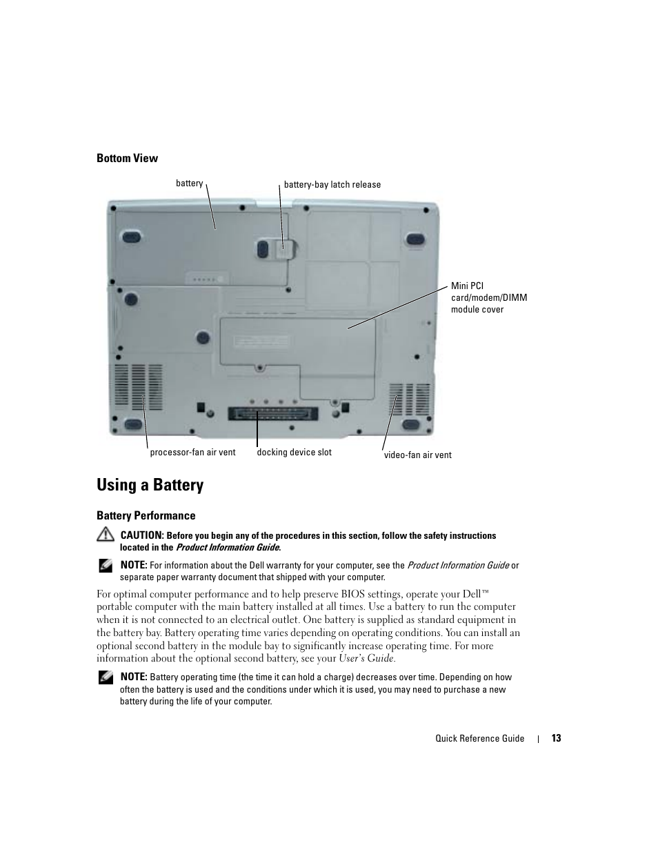 Bottom view, Using a battery, Battery performance | Dell Precision M70 User Manual | Page 13 / 104