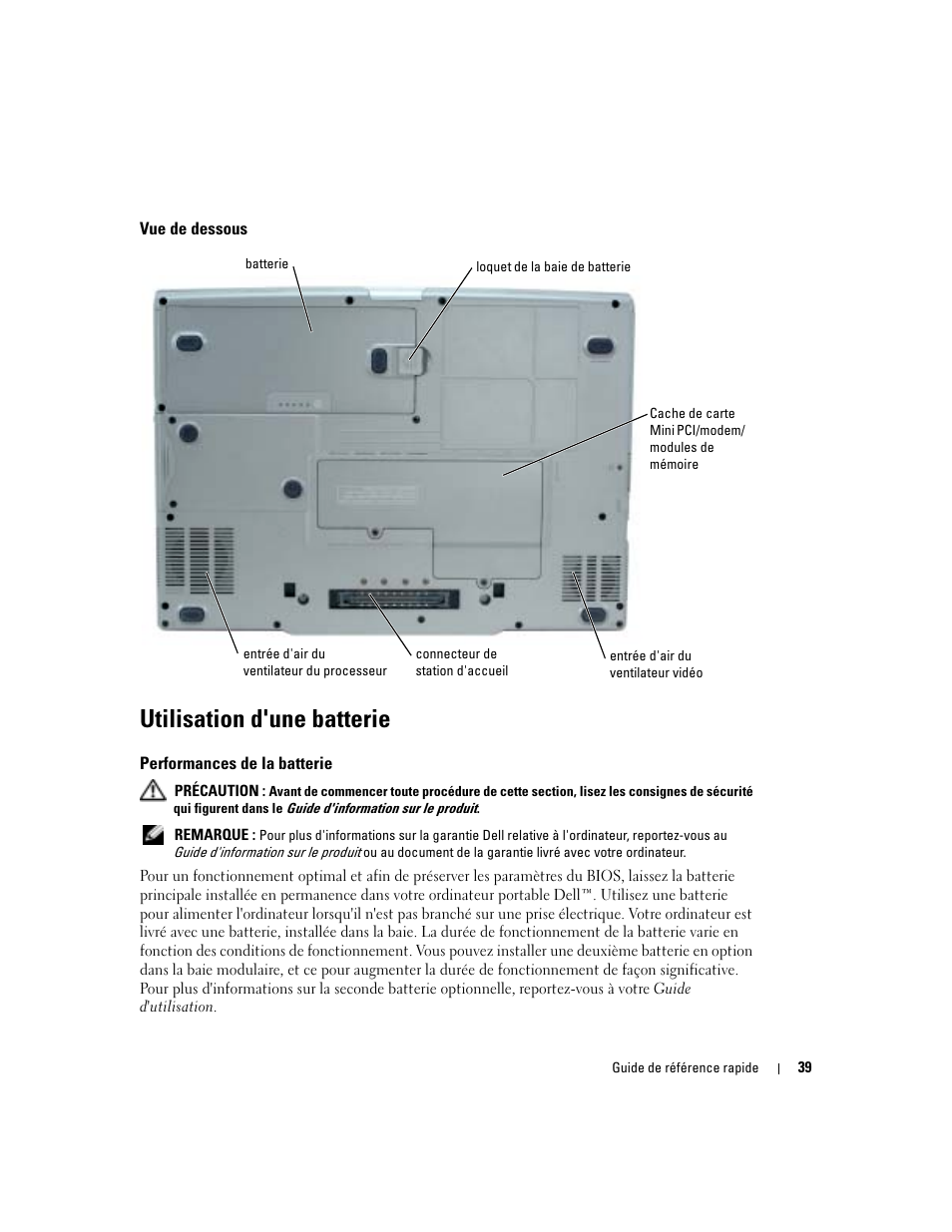 Vue de dessous, Utilisation d'une batterie, Performances de la batterie | Dell Precision M70 User Manual | Page 39 / 104