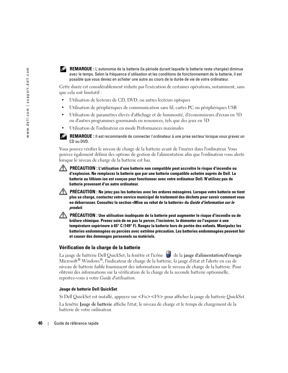 Vérification de la charge de la batterie | Dell Precision M70 User Manual | Page 40 / 104