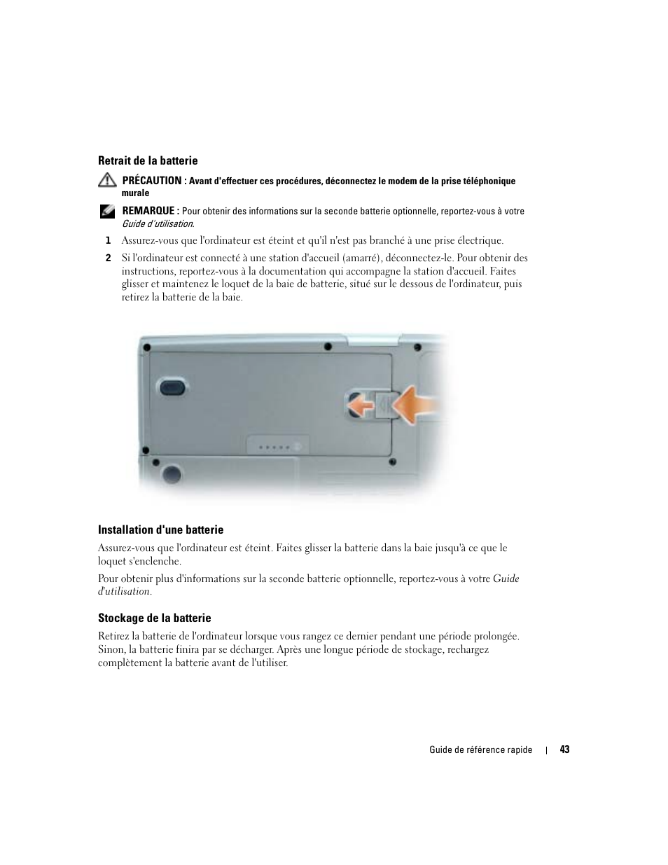 Retrait de la batterie, Installation d'une batterie, Stockage de la batterie | Dell Precision M70 User Manual | Page 43 / 104