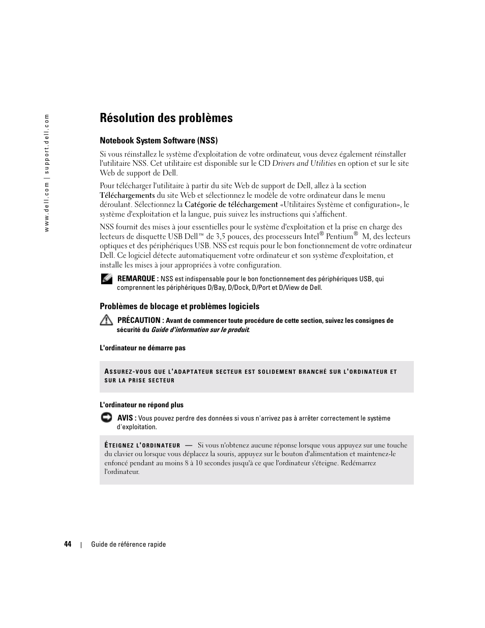 Résolution des problèmes, Notebook system software (nss), Problèmes de blocage et problèmes logiciels | Dell Precision M70 User Manual | Page 44 / 104