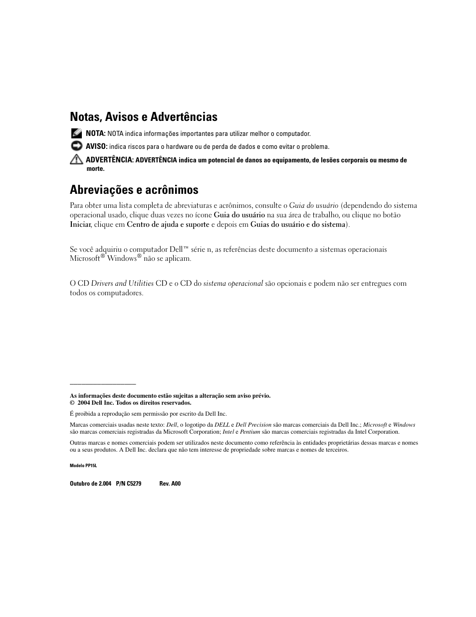 Notas, avisos e advertências, Abreviações e acrônimos | Dell Precision M70 User Manual | Page 54 / 104