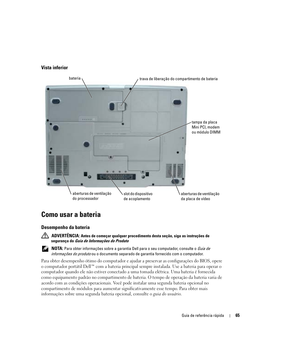 Vista inferior, Como usar a bateria, Desempenho da bateria | Dell Precision M70 User Manual | Page 65 / 104