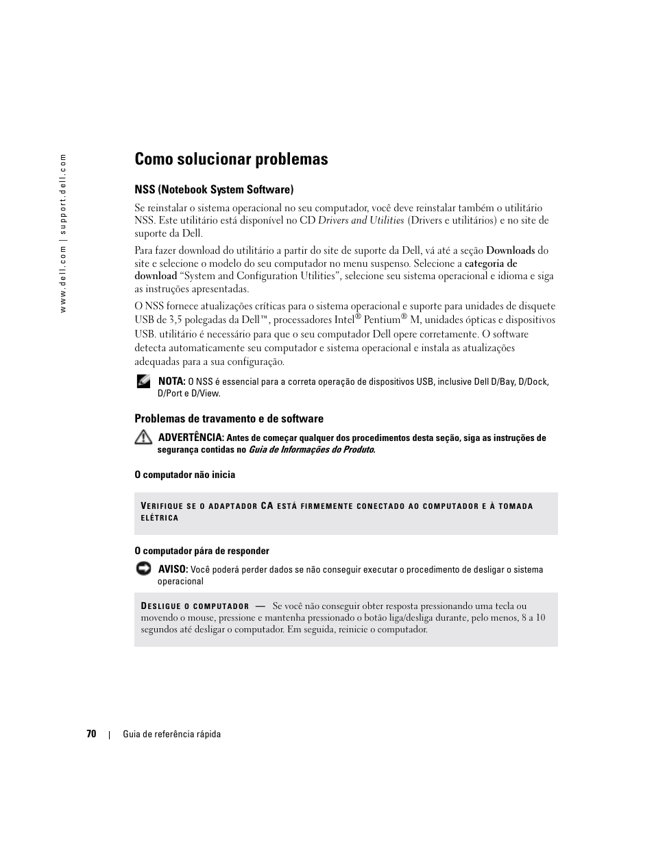 Como solucionar problemas, Nss (notebook system software), Problemas de travamento e de software | Dell Precision M70 User Manual | Page 70 / 104