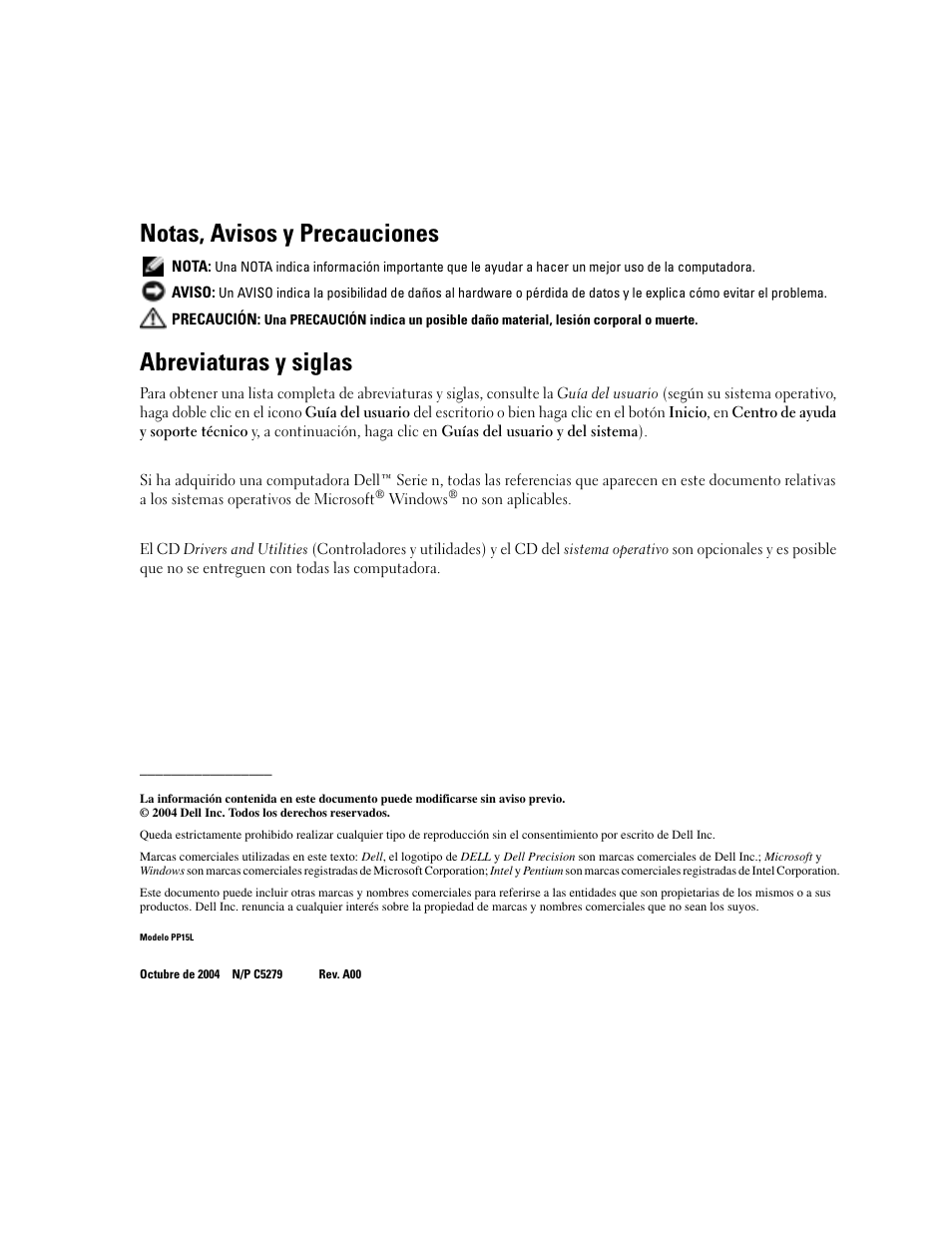 Notas, avisos y precauciones, Abreviaturas y siglas | Dell Precision M70 User Manual | Page 80 / 104