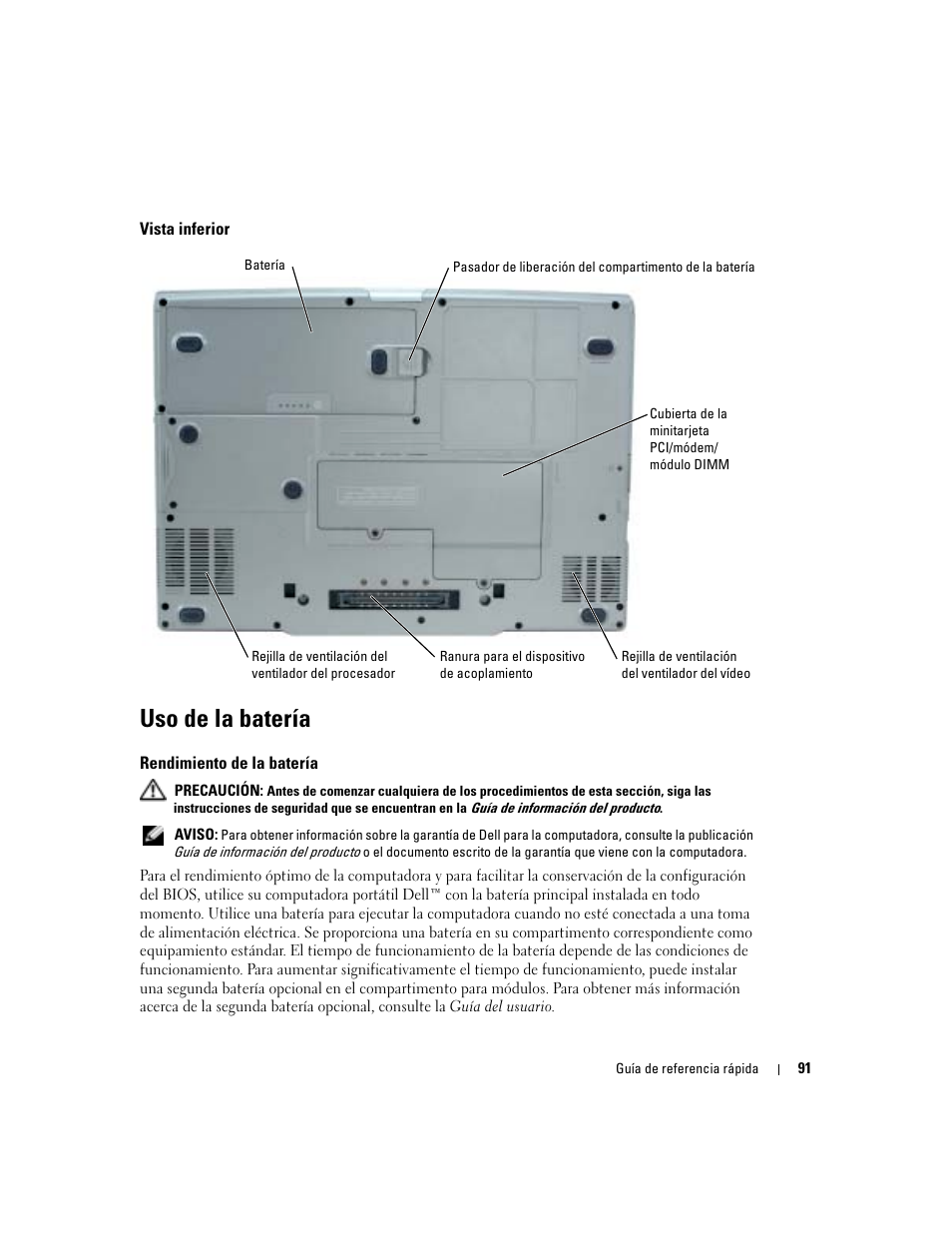 Vista inferior, Uso de la batería, Rendimiento de la batería | Dell Precision M70 User Manual | Page 91 / 104
