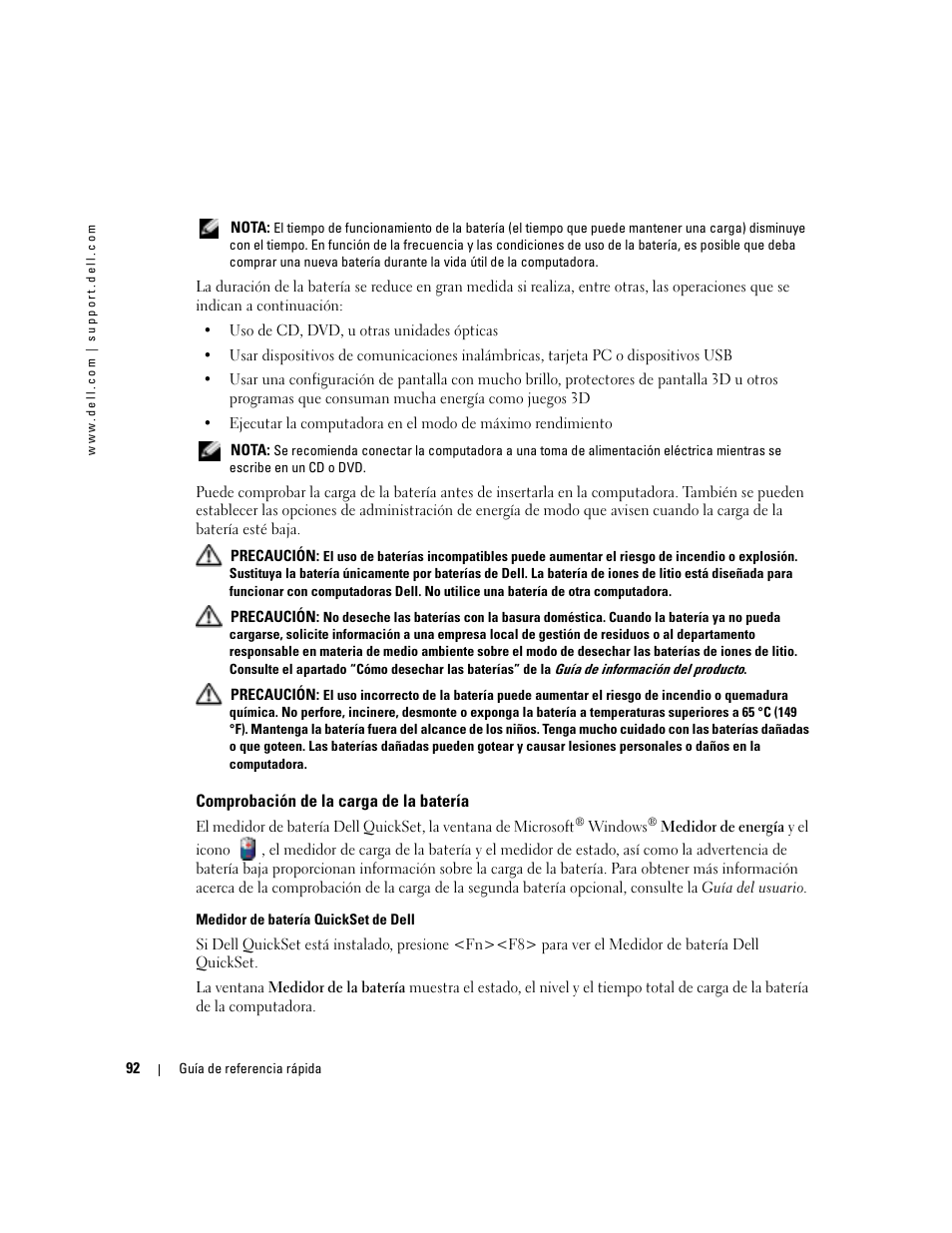 Comprobación de la carga de la batería | Dell Precision M70 User Manual | Page 92 / 104