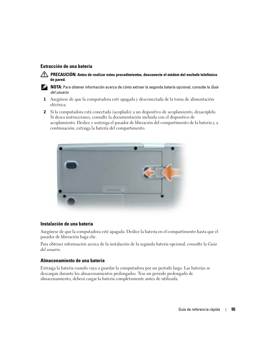 Extracción de una batería, Instalación de una batería, Almacenamiento de una batería | Dell Precision M70 User Manual | Page 95 / 104