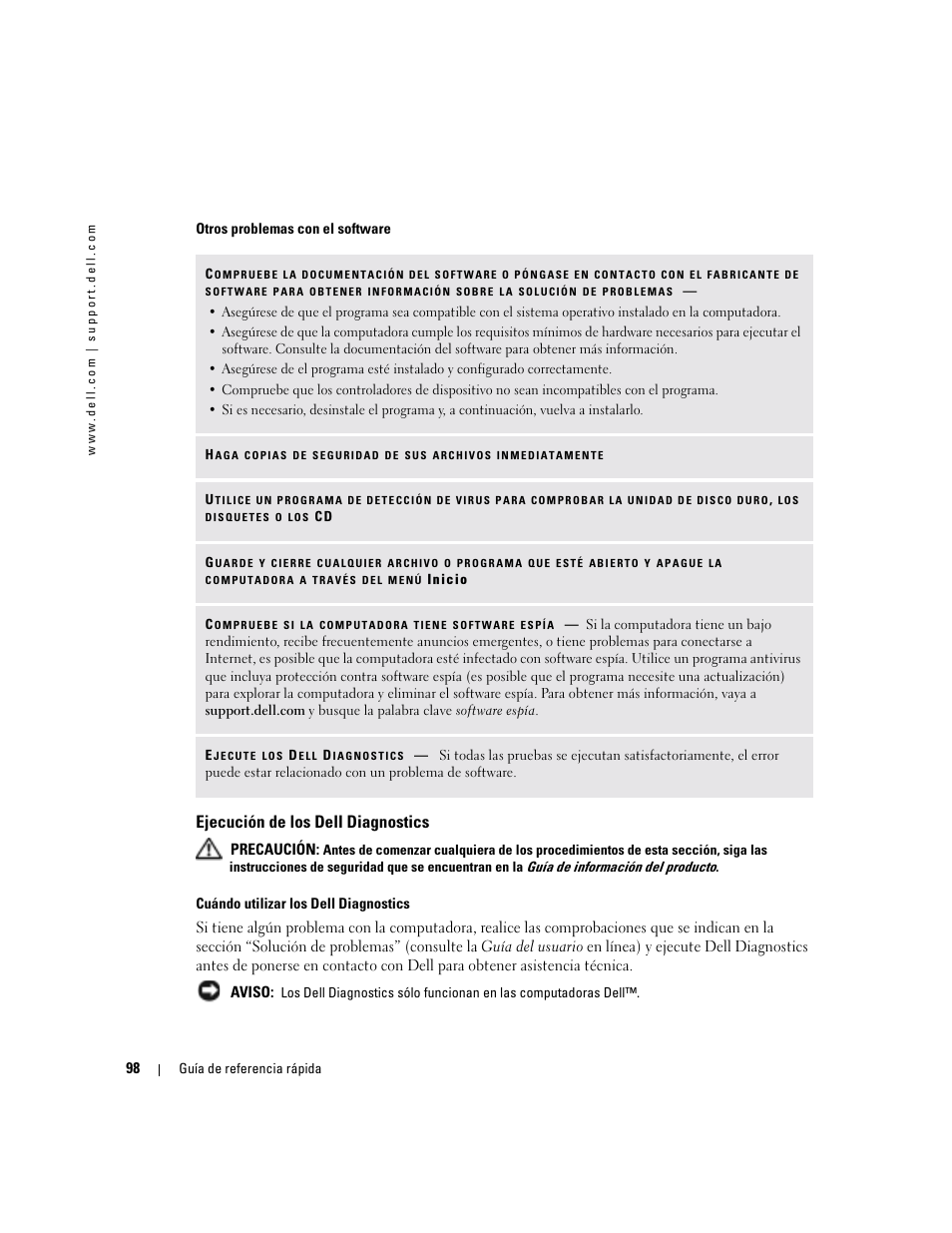 Ejecución de los dell diagnostics | Dell Precision M70 User Manual | Page 98 / 104