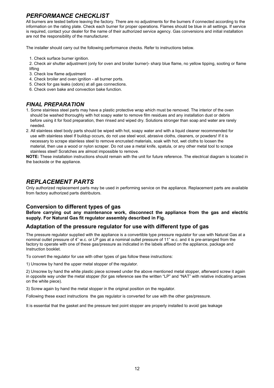 Performance checkllst, Replacement parts | Bertazzoni H366GGVNE User Manual | Page 12 / 32