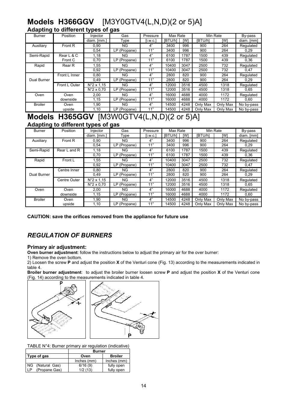 Regulation of burners, Adapting to different types of gas, Primary air adjustment | Bertazzoni H366GGVNE User Manual | Page 14 / 32