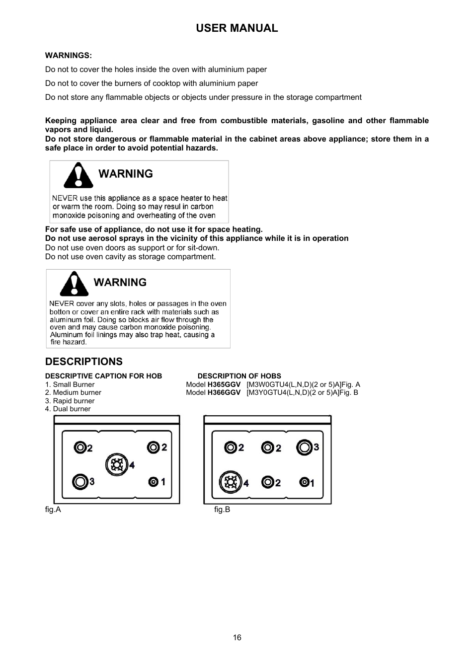 User manual, Descriptions | Bertazzoni H366GGVNE User Manual | Page 16 / 32