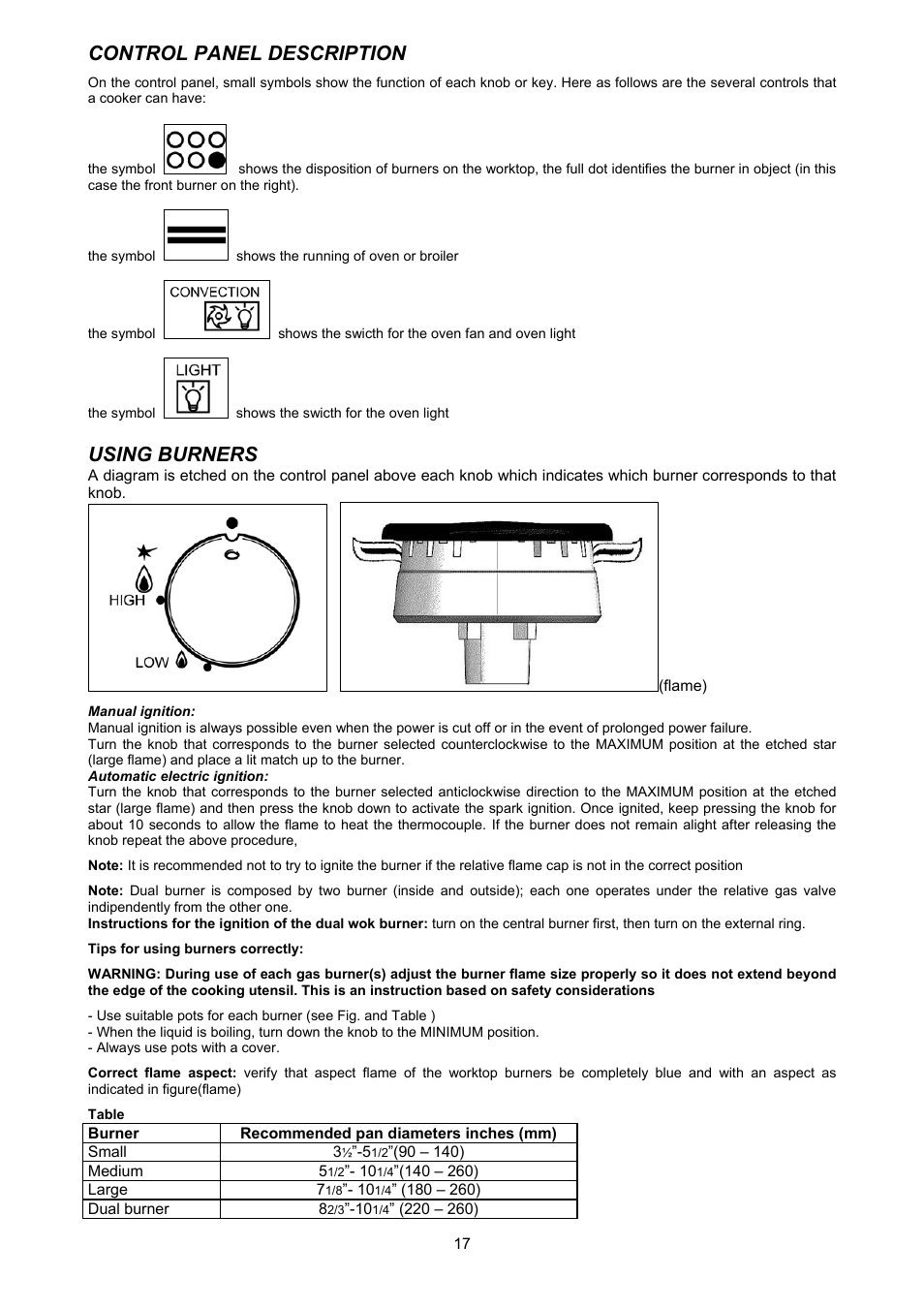 Control panel description, Using burners | Bertazzoni H366GGVNE User Manual | Page 17 / 32