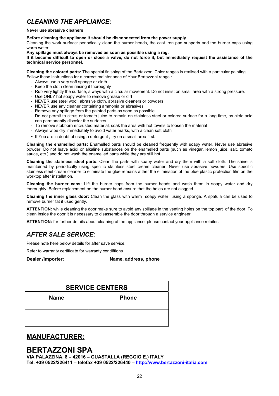 Bertazzoni spa, Manufacturer, Service centers | Bertazzoni H366GGVNE User Manual | Page 22 / 32