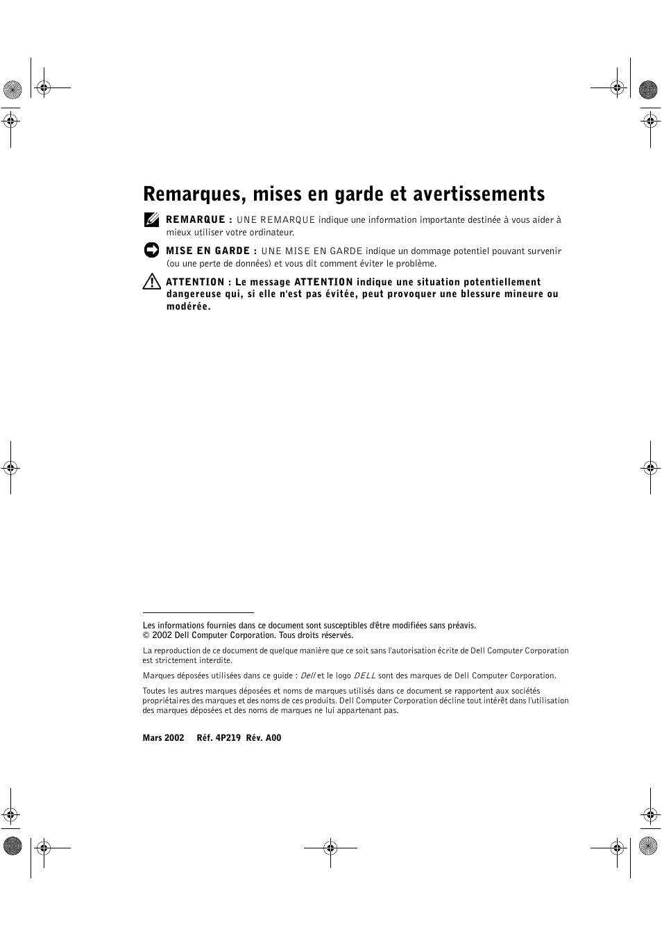 Remarques, mises en garde et avertissements | Dell PowerEdge 2650 User Manual | Page 14 / 42