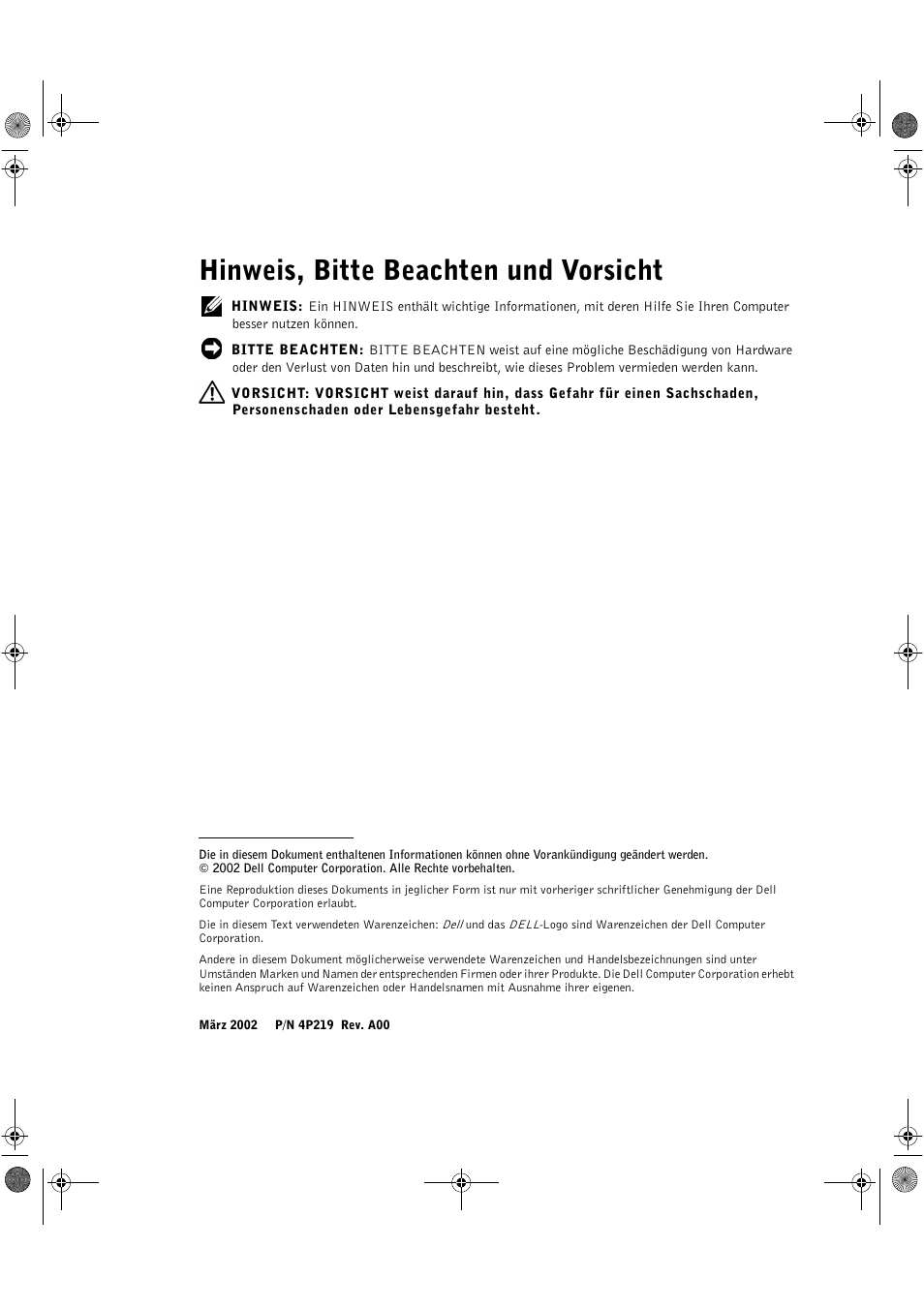 Hinweis, bitte beachten und vorsicht | Dell PowerEdge 2650 User Manual | Page 20 / 42