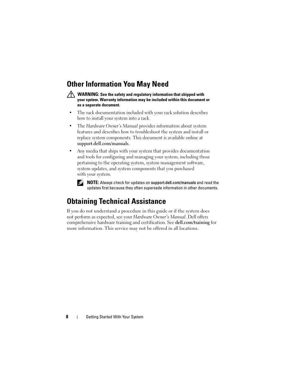Other information you may need, Obtaining technical assistance | Dell POWEREDGE R515 User Manual | Page 10 / 58