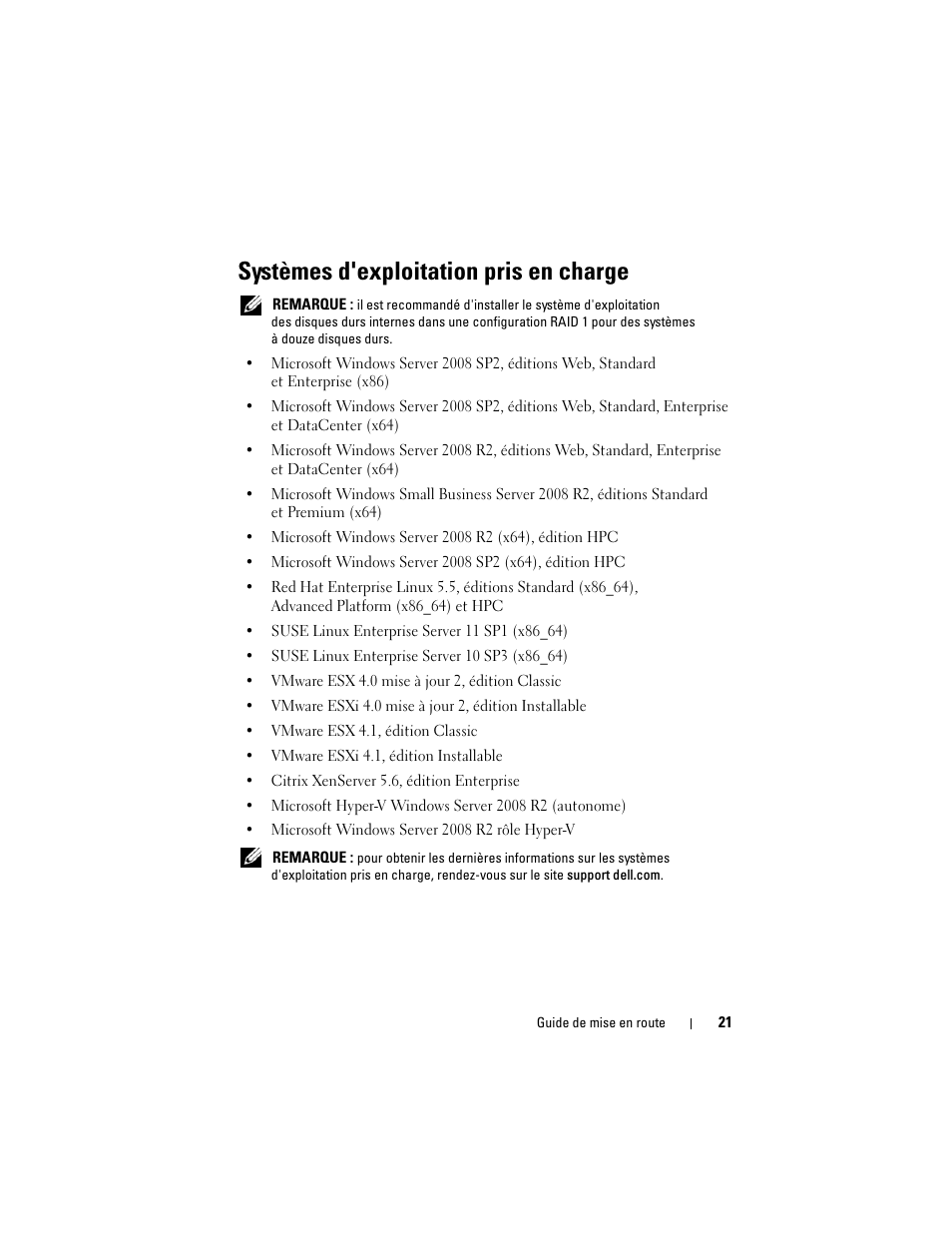 Systèmes d'exploitation pris en charge | Dell POWEREDGE R515 User Manual | Page 23 / 58