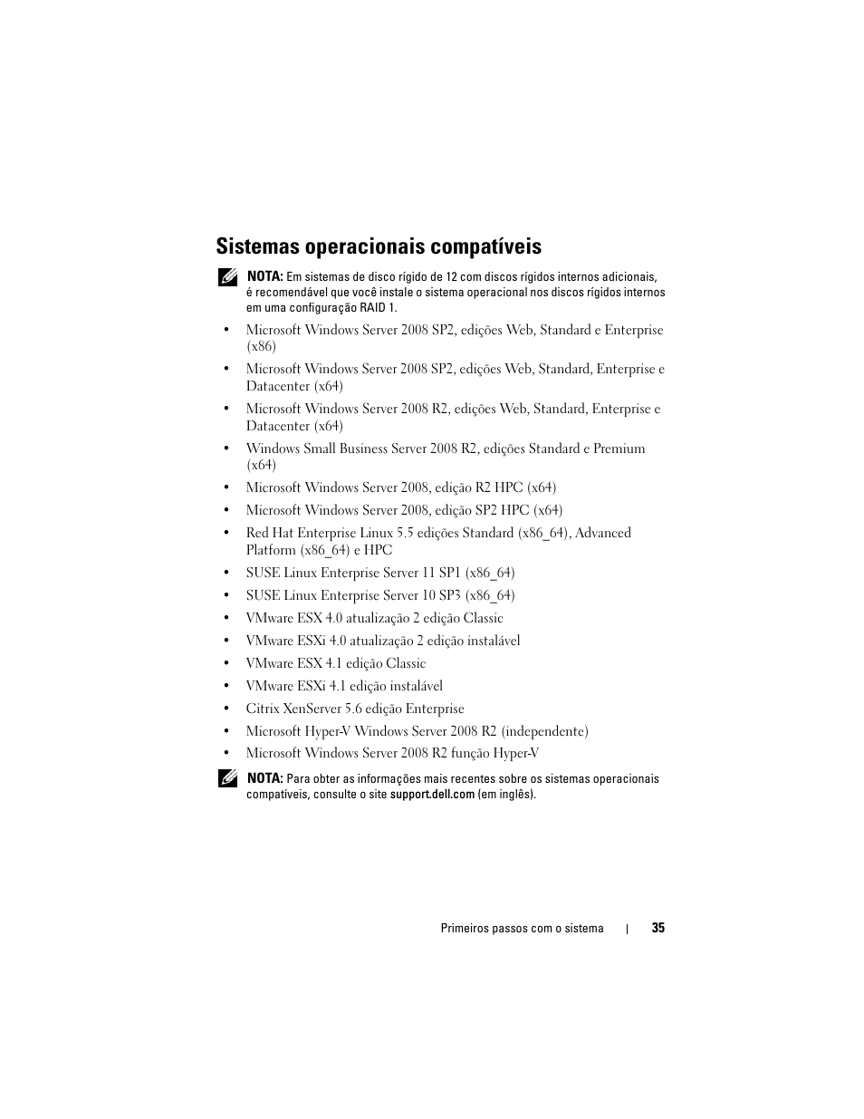 Sistemas operacionais compatíveis | Dell POWEREDGE R515 User Manual | Page 37 / 58