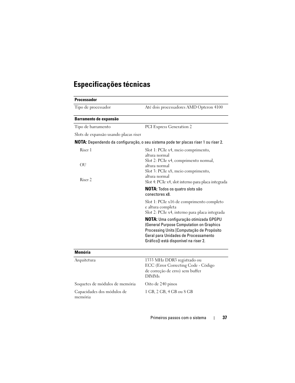 Especificações técnicas | Dell POWEREDGE R515 User Manual | Page 39 / 58
