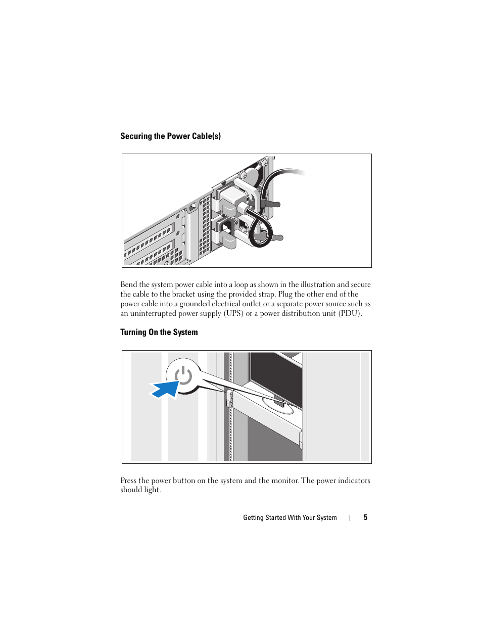 Securing the power cable(s), Turning on the system | Dell POWEREDGE R515 User Manual | Page 7 / 58