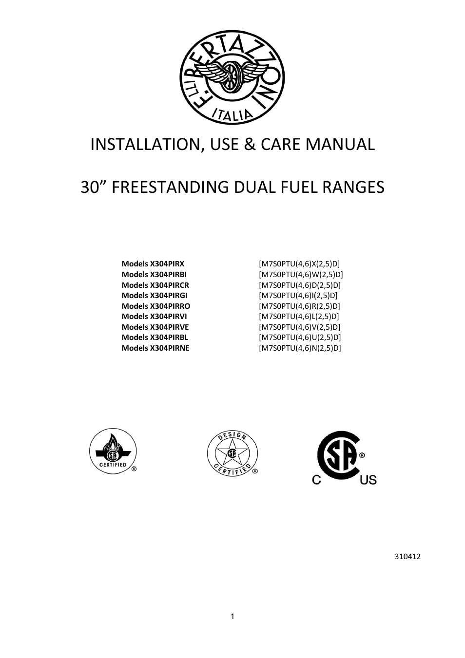 Bertazzoni X304PIRVE User Manual | 48 pages