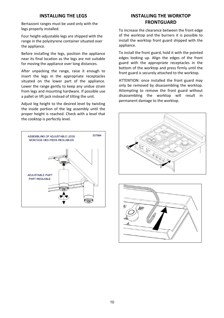 Installing the legs, Installing the worktop frontguard | Bertazzoni X304PIRVE User Manual | Page 10 / 48